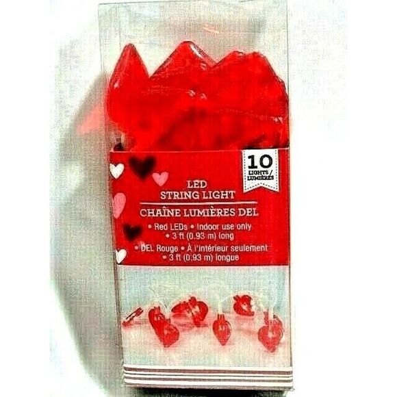 Red Heart-Shaped String Lights 10 LED 3-foot Battery Operated Valentine's Day - Picture 3 of 4